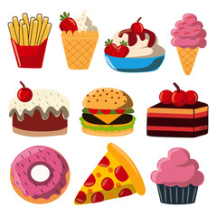 set of food and desserts vector illustration. cute snack elements consisting of french fries, ice cream, funnel ice cream, burger, pizza, donut, cupcake, and cherry chocolate cake