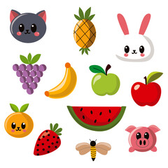 set of fruits and animals vector illustration. cute animal and fruit elements consisting of cats, rabbits, bees, pigs, pineapples, grapes, bananas, strawberries, oranges and apples