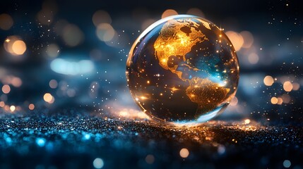 A glowing Earth globe with continents and city lights on a sparkly dark blue background.