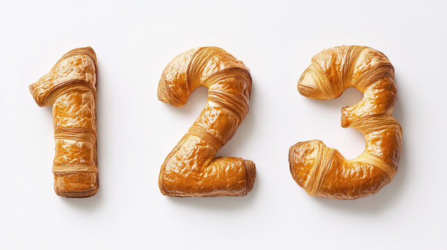 1, 2, 3 written in croissant texture, numbers made of bread texture