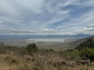 landscape with impressive dramatic clouds in the landscape of the ngorongoro crater tanzania safari, savannah steppe grass safari wildlife