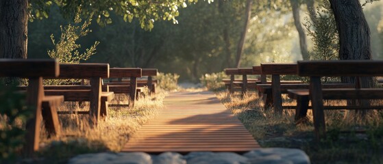 Obraz premium Sunlit wooden benches line a path through a tranquil park.