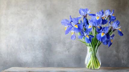 bouquet of blue and purple irises in clear vase on wooden table © ChaokuayOfficial