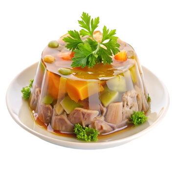 Aspic jellied meat in white plate isolated on transparent background