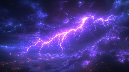Purple lightning strikes through dark stormy clouds.