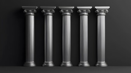 Five silver pillars with fluted shafts and ornate capitals stand against a dark background, radiating a sense of grandeur and timelessness.