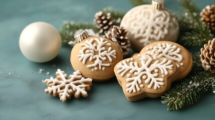 Fototapeta premium Festive Snowflake Cookies and Ornaments Resting on Teal