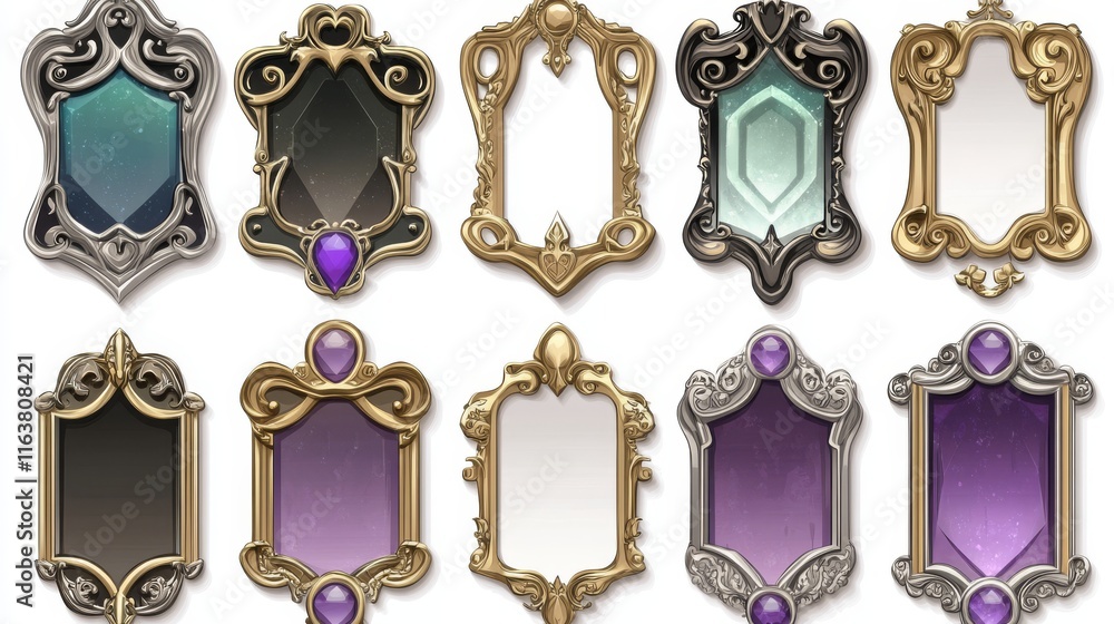 Poster fantasy gold and silver frames in medieval style for rpg game ui design. vector cartoon set of empty
