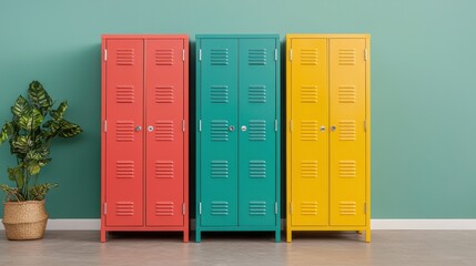 Colorful Lockers in a Modern Room with Green Wall and Plant