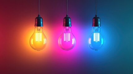 Three illuminated light bulbs in warm, pink, and blue light.