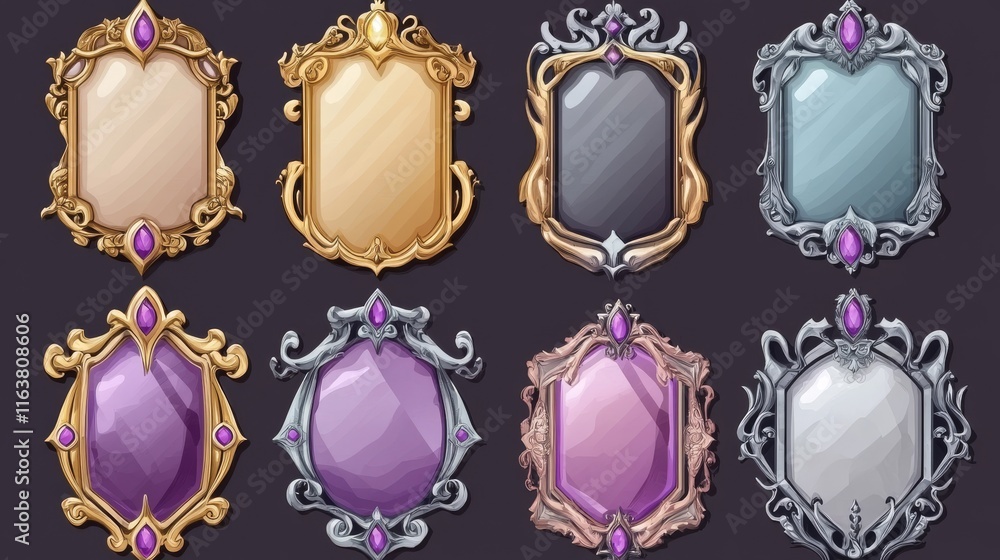 Poster fantasy gold and silver frames in medieval style for rpg game ui design. vector cartoon set of empty