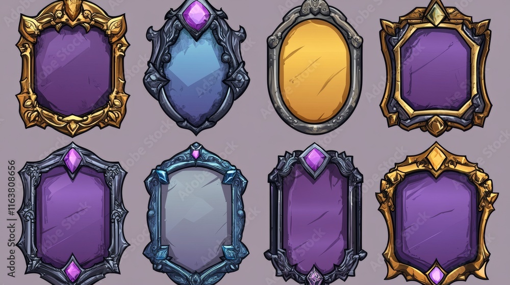 Poster fantasy gold and silver frames in medieval style for rpg game ui design. vector cartoon set of empty