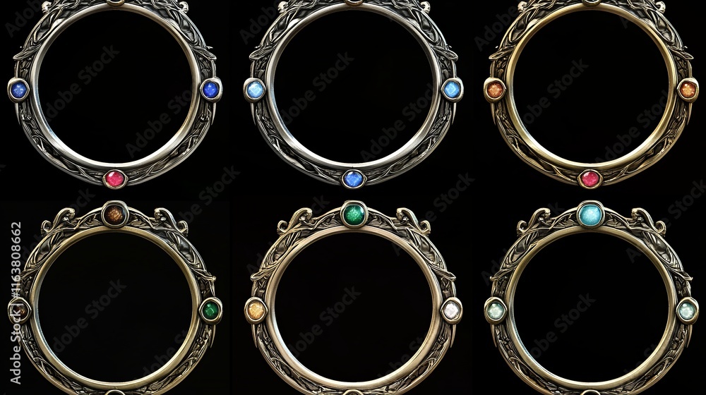 Poster empty circle silver and gold frames in medieval style for game ui design. vector cartoon set of user