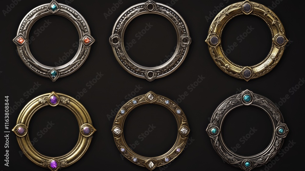 Poster empty circle silver and gold frames in medieval style for game ui design. vector cartoon set of user