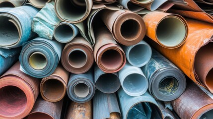 Steel sheet roll, stainless construction tape coil isolated on white background. Metallurgy industry production. Vector realistic set of metal, aluminium or tin sheet roll in front, top and angle view