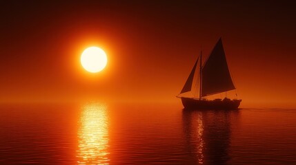 Sailboat at sunset on calm ocean.