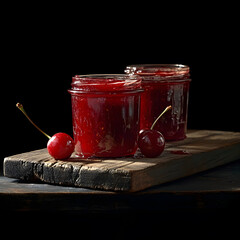 Two jars of cherry jam served on a wooden board, black background