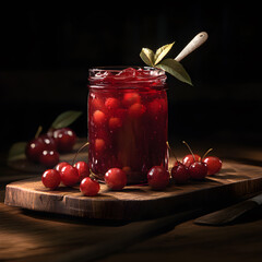 Cherry jam in an old-fashioned glass jar with a spoon, decorated with cherry leaves, served on a wooden board, black background