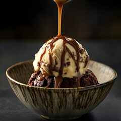 Scoop of vanilla ice cream over chocolate cookie and drizzled with caramel sauce in ceramic bowl, served on a wooden board, black background