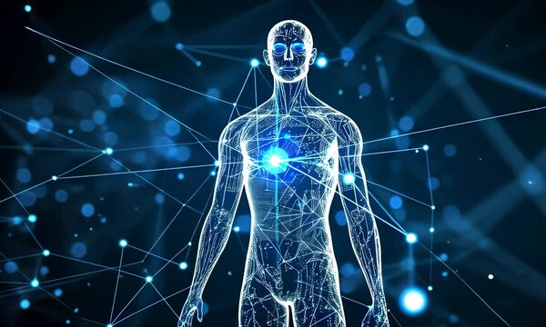 Futuristic human figure with glowing energy lines and holographic design