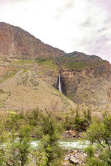 Waterfall of Chulyshman mountain valley. Altai republic, Russia.
