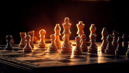 Dramatic chessboard close-up, bathed in warm sunlight.  King piece prominently featured, conveying strategy, leadership, and competition. Ideal for business, strategy, or game-related projects.