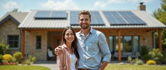 Joyful couple embracing in front of a house equipped with solar panels, showcasing sustainable actions and green living.

