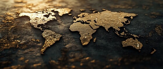 Golden world map on dark textured surface.