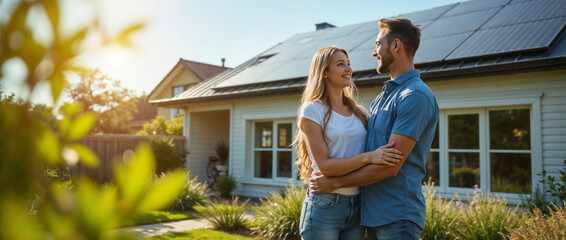 Joyful couple embracing in front of a house equipped with solar panels, showcasing sustainable actions and green living.

