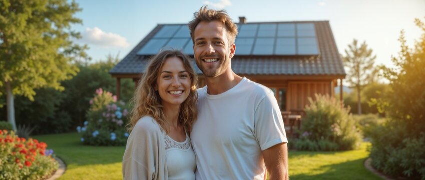 Joyful couple embracing in front of a house equipped with solar panels, showcasing sustainable actions and green living.


