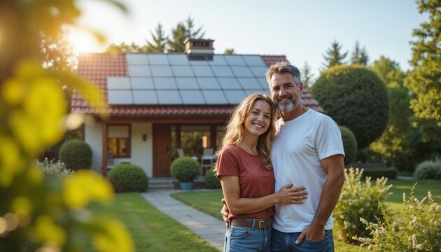 Joyful couple embracing in front of a house equipped with solar panels, showcasing sustainable actions and green living.

