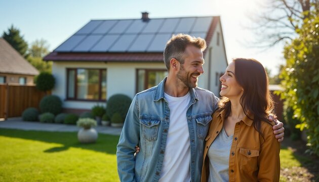 Joyful couple embracing in front of a house equipped with solar panels, showcasing sustainable actions and green living.

