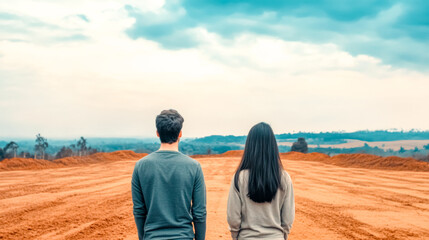 Fototapeta premium Young couple examining future home construction site on empty land plot