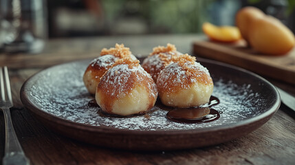 freshly made Zwetschgenknödel, soft dumplings filled with sweet plums, dusted generously with golden breadcrumbs and powdered sugar, served on a rustic ceramic plate with a dollop of vanilla sauce