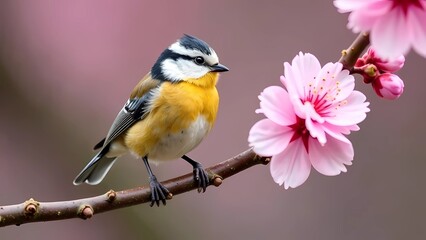 Naklejka premium A bird sitting on the branch of a flower. Sakura blossom festival. Springtime wildlife and nature concept. Japanese nature background