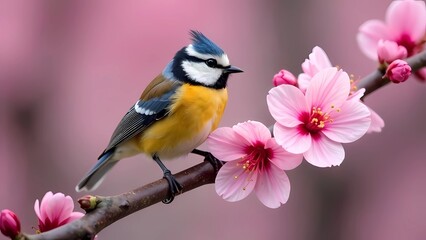 Fototapeta premium A bird sitting on the branch of a flower. Sakura blossom festival. Springtime wildlife and nature concept. Japanese nature background
