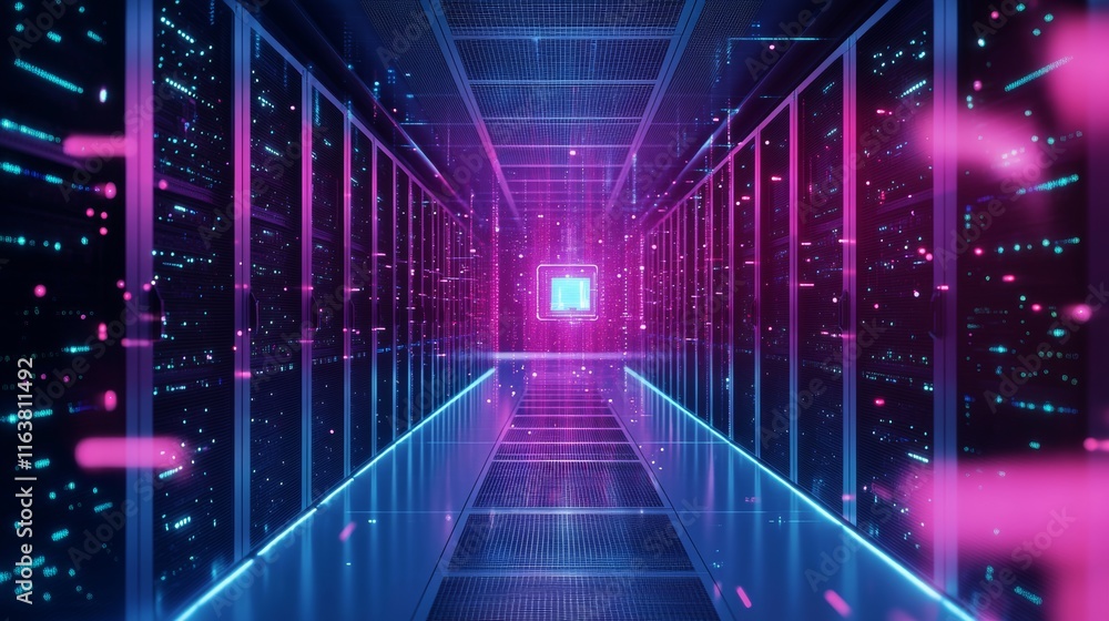 Poster vector cartoon interior of future data center room with server hardware and hologram of processor. c