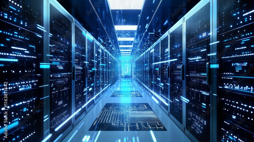 Poster vector cartoon interior of future data center room with server hardware and hologram of processor. c