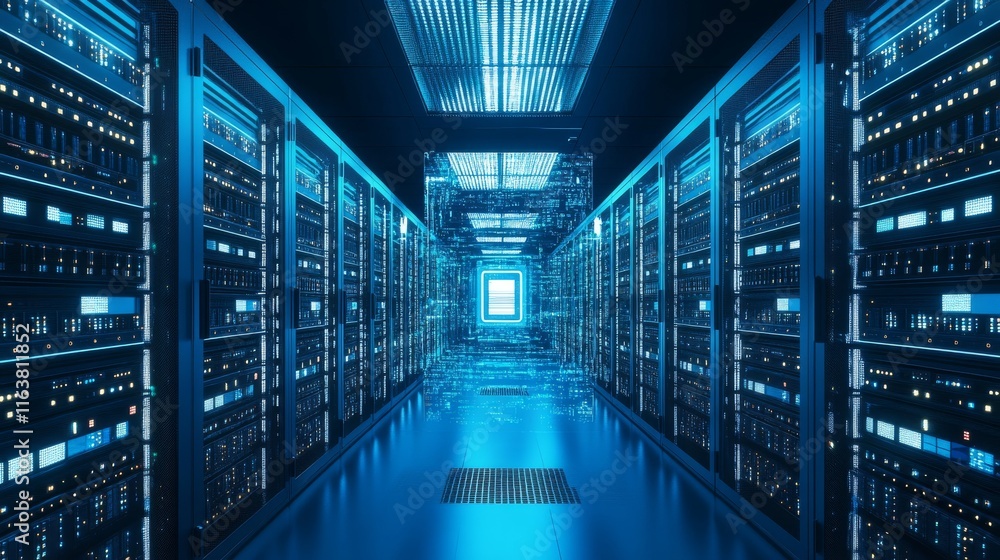 Poster vector cartoon interior of future data center room with server hardware and hologram of processor. c