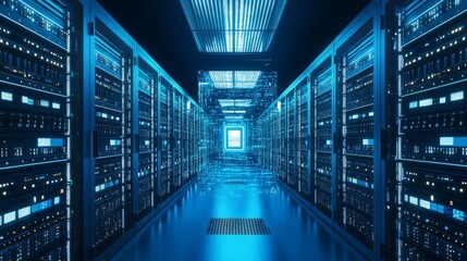 Vector cartoon interior of future data center room with server hardware and hologram of processor. Concept of bigdata technology, cloud information base, artificial intelligence