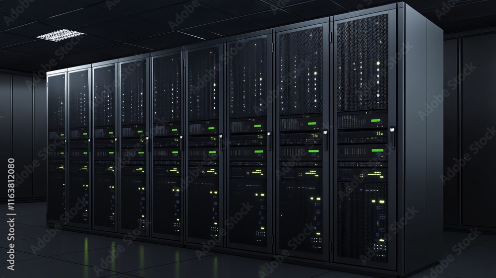 Poster vector cartoon interior of future data center room with server hardware and hologram of processor. c