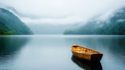 Serene Lake with Misty Mountains and Rowboat