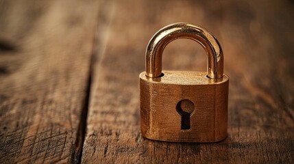 Fototapeta premium Brass padlock on rustic wooden surface.