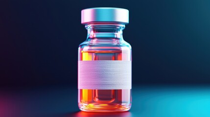Clear glass vial with liquid and label in vibrant neon lighting