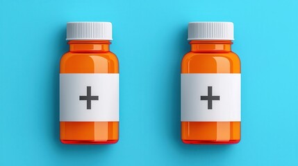 Obraz premium Two Orange Bottles with Cross Symbols on Bright Blue Background