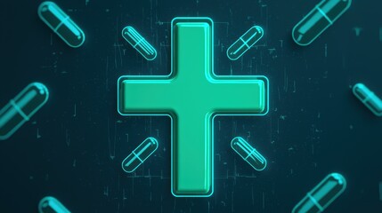Fototapeta premium Green Cross Symbol with Capsules on a Dark Background Design