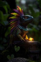 Lizard envisioned as an Aztec demigod perched on an altar with colorful plumage during twilight in a lush jungle setting
