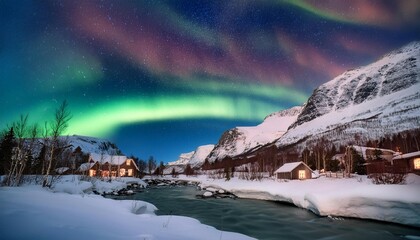 Spectacular Northern Lights Illuminating Snowy Mountains and Serene Water in Norway During Winter Night