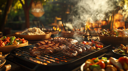a Braai setup featuring sizzling meats like boerewors, chicken, and steak grilling over open coals, surrounded by vibrant side dishes such as pap, chakalaka, and roasted vegetables, with smoke rising