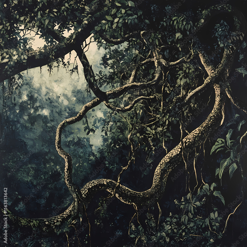 Aufkleber intricate branches intertwine in a dense forest under muted sunlight, capturing nature's complexity.
